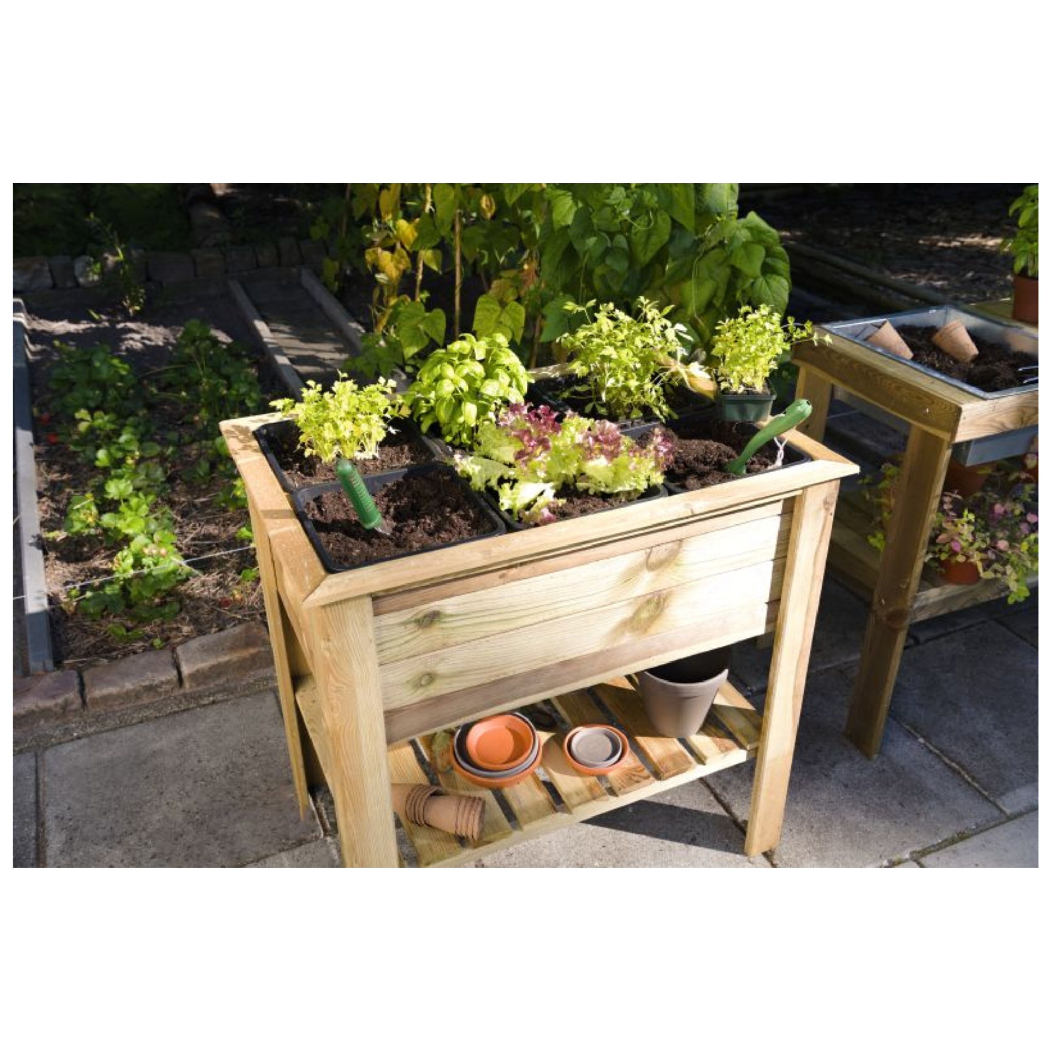 Moestuintafel grenen groen geïmpregneerd met opbergplank en 6 plastic bakken