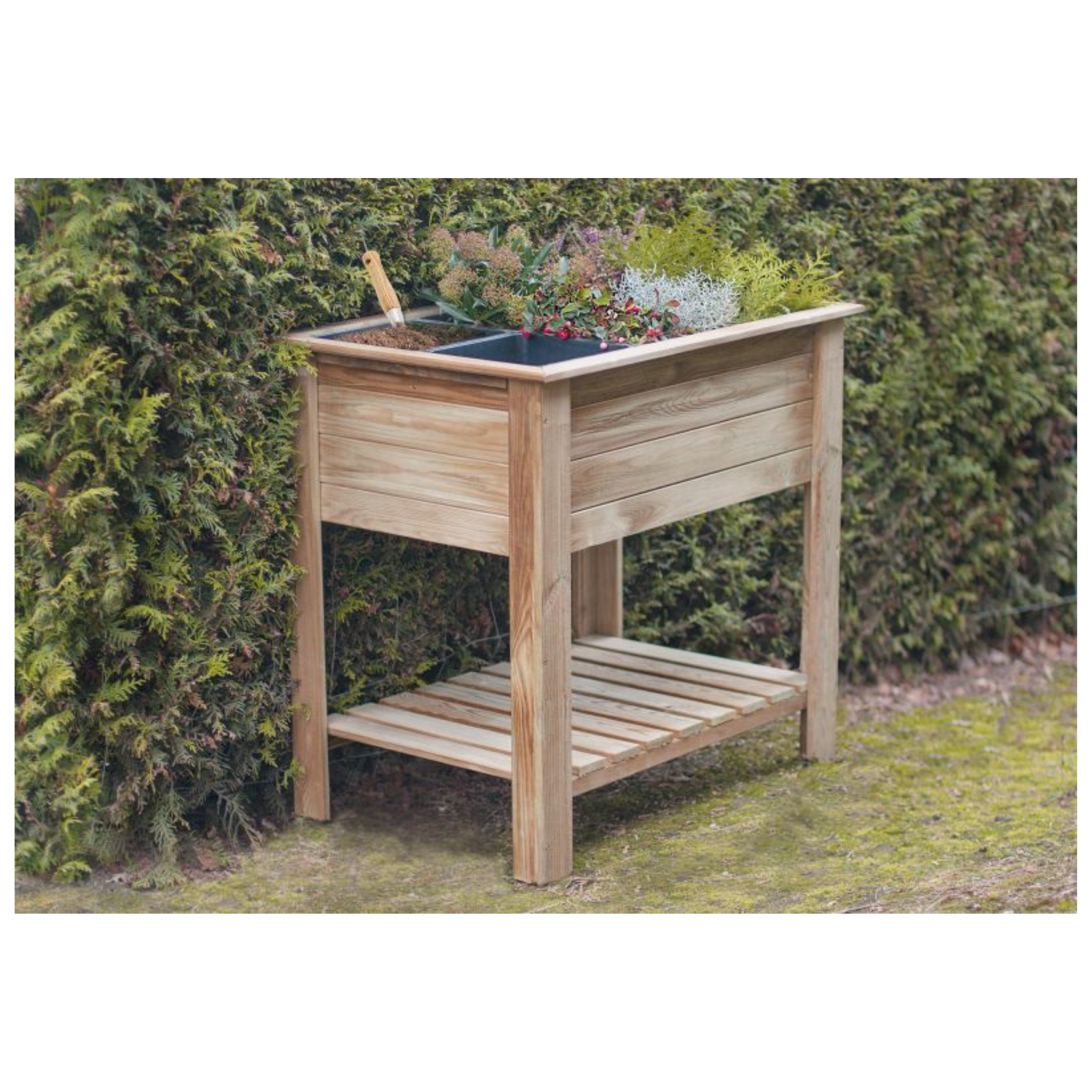 Moestuintafel grenen groen geïmpregneerd met opbergplank en 6 plastic bakken
